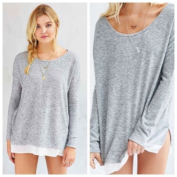 Urban Outfitters XS Silence + Noise Gray Knit Chiffon Hem Slouchy Hannah Sweater - Picture 5 of 9